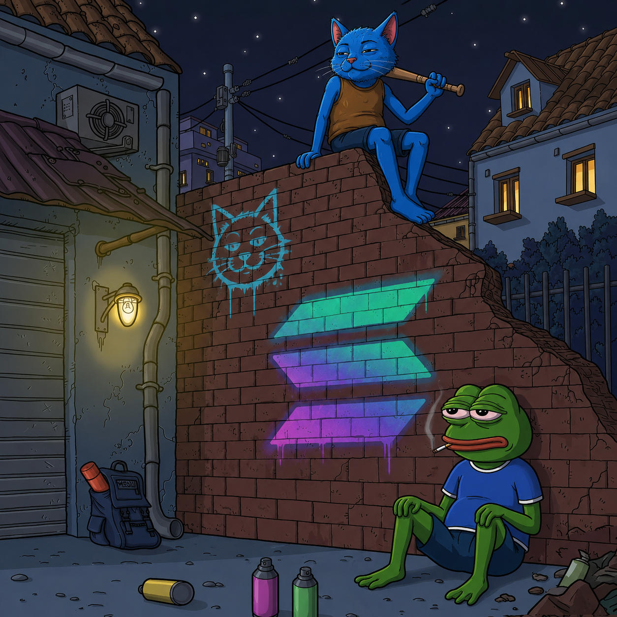 $HOODCAT chilling in a graffiti alley with a Pepe and Solana tag